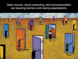 Open source, cloud computing, and consumerization
are lowering barriers and raising expectations.
 