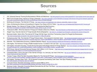 1. GE, Industrial Internet: Pushing the Boundaries of Minds and Machines - http://files.gereports.com/wp-content/uploads/2012/11/ge-industrial-internet-vision-paper.pdf
2. Matt Turck & Sutian Dong, Internet of Things Landscape - http://note-to-self.baker.com/2013/05/30/the-lumascape-of-the-internet-of-things-from-firstmark-capital/matt-
turck-sutian-dong-firstmark-capital-2013-05-29-internetofthings2-internet-of-things-landscape/
3. McKinsey & Company, The Internet of Things - http://www.mckinsey.com/insights/high_tech_telecoms_internet/the_internet_of_things
4. Cisco, Embracing the Internet of Everything to Capture Your Share of $14.4 Trillion - http://www.cisco.com/web/about/ac79/docs/innov/IoE_Economy.pdf
5. Morgan Stanley, The ‘Internet of Things’ Is Now: Connecting the Real Economy -
http://www.mcrockcapital.com/uploads/1/0/9/6/10961847/morgan_stanley_iot_april_2014.pdf
6. Freescale & ARM - What the Internet of Things (IoT) Needs to Become a Reality - http://www.freescale.com/files/32bit/doc/white_paper/INTOTHNGSWP.pdf
7. Abigail Tracy, How the Internet of Things Actually Works [Infographic] - http://www.inc.com/abigail-tracy/inforgraphic-understand-the-internet-of-things.html
8. Business Insider, Here's Why 'The Internet Of Things' Will Be Huge, And Drive Tremendous Value For People And Businesses -
http://www.businessinsider.com/growth-in-the-internet-of-things-2013-10#ixzz30CuadH4g
9. Entrepreneurship Talk, The Internet of Things Protocol stack – from sensors to business value - http://entrepreneurshiptalk.wordpress.com/2014/01/29/the-
internet-of-thing-protocol-stack-from-sensors-to-business-value/?utm_content=buffer0856f&utm_medium=social&utm_source=linkedin.com&utm_campaign=buffer
10. Altimeter, The Collaborative Economy: A Market Definition Report, http://www.slideshare.net/fullscreen/Altimeter/the-collaborative-economy/5
11. CB Insights, The Internet of Things: $752M Invested Across 112 Deals in the Last Year - http://www.cbinsights.com/blog/internet-of-things-venture-capital
12. CB Insights, Innovation Scouting: Trends Among Disruptive Early-Stage Internet of Things Startups - http://www.cbinsights.com/blog/internet-of-thing-
innovation-disruption?utm_content=buffer90cd0&utm_medium=social&utm_source=twitter.com&utm_campaign=buffer
13. NPD Group, Internet Connected Devices Surpass Half a Billion in U.S. Homes - https://www.npd.com/wps/portal/npd/us/news/press-releases/internet-connected-
devices-surpass-half-a-billion-in-u-s-homes-according-to-the-npd-group/
14. Christopher Mims, 2014 is the year of the internet of things—no, seriously, we mean it this time - http://qz.com/154064/2014-is-the-year-of-the-internet-of-
things-no-seriously-we-mean-it-this-time/
15. Tomasz Tunguz, What The Nest Acquisition Means For The Internet Of Things - http://tomtunguz.com/nest-implications-
iot/?utm_source=Ex+Post+Facto&utm_campaign=795059347c-RSS_EMAIL_CAMPAIGN&utm_medium=email&utm_term=0_e35bc95471-795059347c-64811961
16. CB Insights, The New Clean Tech – 20 VC-backed Companies that Nobody Calls Clean Tech (But Probably Should) -
http://www.cbinsights.com/blog/new-clean-tech-definition
17. Computer World, Wearable technology market to exceed $6B by 2016 -
http://www.computerworld.com/s/article/9230095/Wearable_technology_market_to_exceed_6B_by_2016
18. Business Insider, Wearable Computing Market Estimates Are All Over The Place - http://www.businessinsider.com/chart-wearable-computing-market-estimates-
are-all-over-the-place-2013-4#ixzz30CyDyE80
 