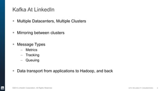 SITE RELIABILITY ENGINEERING©2014 LinkedIn Corporation. All Rights Reserved.
Kafka At LinkedIn
 Multiple Datacenters, Mul...