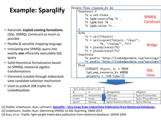 Example: Sparqlify
• Rationale: Exploit existing formalisms
(SQL, SPARQL Construct) as much as
possible
• flexible & versa...
