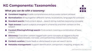 ENTERPRISE KNOWLEDGE
KG Components: Taxonomies
What you can do with a taxonomy:
⬢ Consistent tagging: Enable comprehensive and accurate content retrieval
⬢ Normalization: Bring together different names, localizations, languages for concepts
⬢ Standard search: Find content about…. (search string matches taxonomy concepts)
⬢ Topic browse: Explore subjects arranged in a hierarchy and then content on the
subject
⬢ Faceted (ﬁltering/reﬁning) search: Find content meeting a combination of basic
criteria
⬢ Discovery: Find other content tagged with same concepts as tagged to found
content; explore broader, narrower, and (sometimes) related taxonomy topics
⬢ Content curation: Create feeds or alerts based on pre-set search terms
⬢ Metadata management: Support identiﬁcation, comparison, mapping, analysis, etc.
 