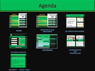 Agenda Description of Value added ServiceHistoryKey Concepts and LearningRecommendations and ImplementationsPerformanceChallenges For ServicesBibliography“A Special Thanks”