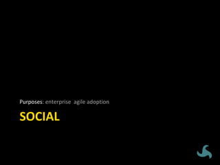 SOCIAL	
Purposes:	enterprise		agile	adoption	
 