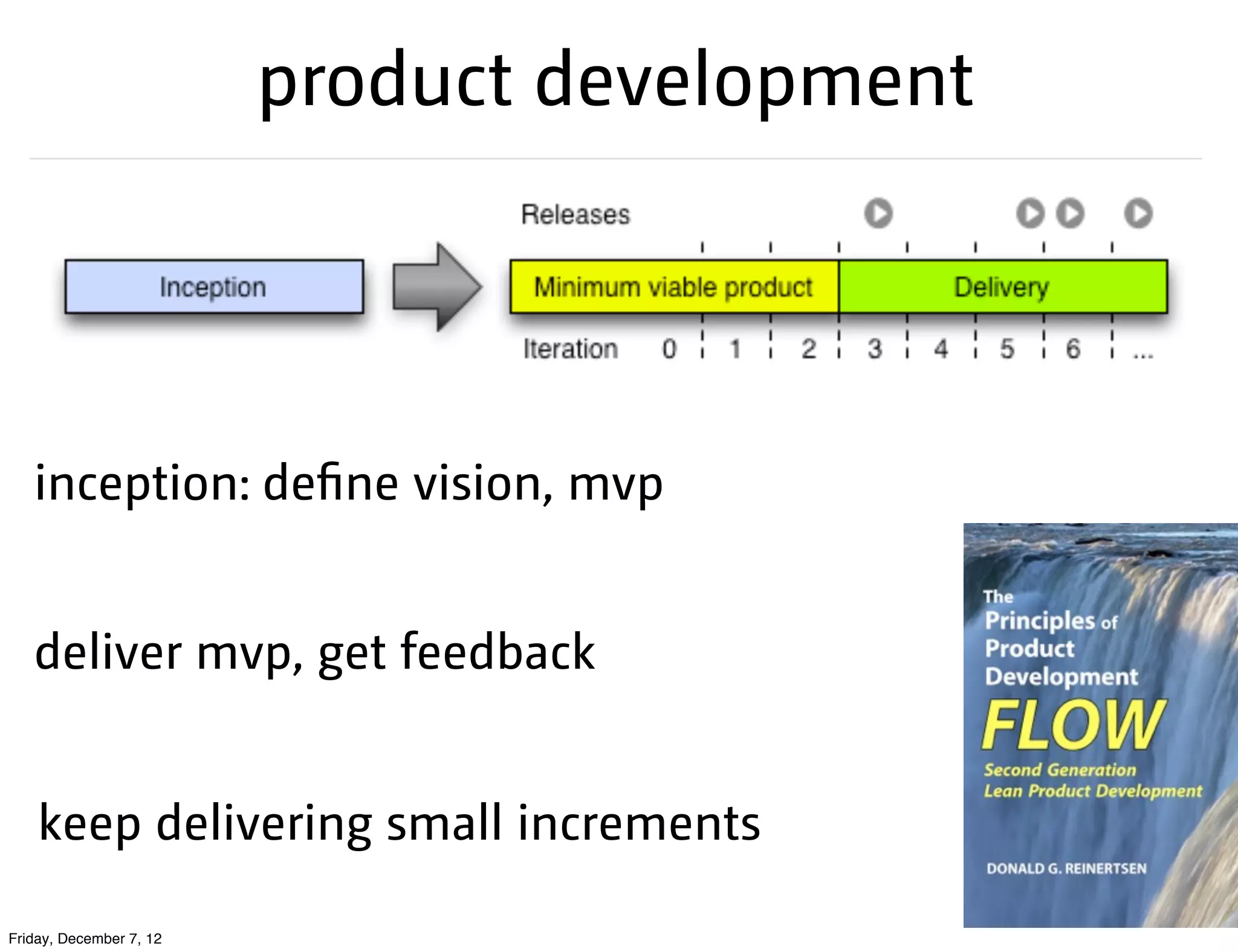 product development




   inception: define vision, mvp


   deliver mvp, get feedback


    keep delivering small increments

Friday, December 7, 12
 