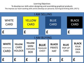 Learning ObjectivesTo develop our skills when designing and assembling graphical productsThe improve our team working skills and to develop our personal, learning & thinking skills. (PLT’s)I AM SELLINGWHITECARDYELLOWCARDBLUE CARDBLACK CARD££££I AM BUYINGWHITEPROMOTIONALCARDYELLOWCARD HOLDERYELLOWMINI POPCORN BOXBLUETREASURE CHESTBLACKPIRATE HATBLUEPOP-UP CARDBLACKYOUR OWN IDEA£££££££