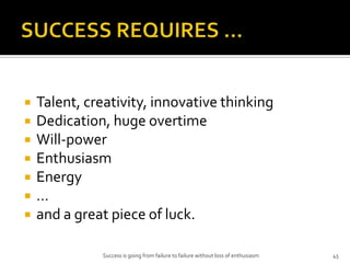 SUCCESS REQUIRES …<br />Talent, creativity, innovative thinking<br />Dedication, huge overtime<br />Will-power<br />Enthus...