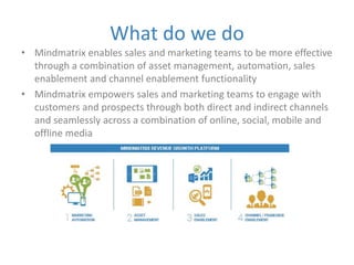 What do we do 
• Mindmatrix enables sales and marketing teams to be more effective 
through a combination of asset management, automation, sales 
enablement and channel enablement functionality 
• Mindmatrix empowers sales and marketing teams to engage with 
customers and prospects through both direct and indirect channels 
and seamlessly across a combination of online, social, mobile and 
offline media 
 