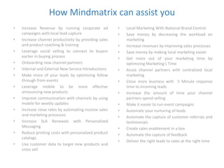 How Mindmatrix can assist you 
• Increase Revenue by running corporate ad 
campaigns with local lead capture 
• Increase channel productivity by providing sales 
and product coaching & training 
• Leverage social selling to connect to buyers 
earlier in buying process 
• Onboarding new channel partners 
• Internal and External New Service Introductions 
• Make more of your leads by optimizing follow 
through from events 
• Leverage mobile to be more effective 
announcing new products 
• Improve communication with channels by using 
mobile for weekly updates 
• Increase close rates by automating routine sales 
and marketing processes 
• Increase SLA Renewals with Personalized 
Messaging 
• Reduce printing costs with personalized product 
catalogs 
• Use customer data to target new products and 
cross sell 
• Local Marketing With National Brand Control 
• Save money by decreasing the workload on 
marketing 
• Increase revenues by improving sales processes 
• Save money by making local marketing easier 
• Get more out of your marketing time by 
optimizing Marketing’s Time 
• Assist channel partners with centralized local 
marketing 
• Close more business with 5 Minute response 
time to incoming leads 
• Increase the amount of time your channel 
partners spend selling 
• Make it easier to run event campaigns 
• Automate your nurturing of leads 
• Automate the capture of customer referrals and 
testimonials 
• Create sales enablement in a box 
• Automate the capture of feedback 
• Deliver the right leads to sales at the right time 
 