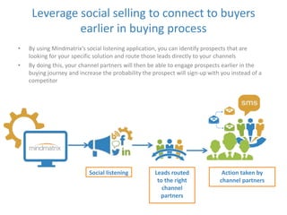Leverage social selling to connect to buyers 
earlier in buying process 
• By using Mindmatrix’s social listening application, you can identify prospects that are 
looking for your specific solution and route those leads directly to your channels 
• By doing this, your channel partners will then be able to engage prospects earlier in the 
buying journey and increase the probability the prospect will sign-up with you instead of a 
competitor 
Social listening Leads routed 
to the right 
channel 
partners 
Action taken by 
channel partners 
 