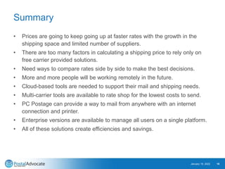 Summary
• Prices are going to keep going up at faster rates with the growth in the
shipping space and limited number of su...