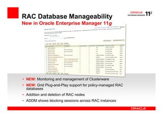 RAC Database Manageability
New in Oracle Enterprise Manager 11g




• NEW: Monitoring and management of Clusterware
• NEW: Grid Plug-and-Play support for policy-managed RAC
  databases
• Addition and deletion of RAC nodes
• ADDM shows blocking sessions across RAC instances
 