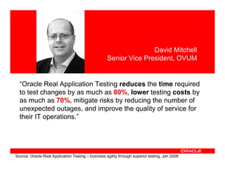 David Mitchell
                                                    Senior Vice President, OVUM


  “Oracle Real Application Testing reduces the time required
  to test changes by as much as 80%, lower testing costs by
  as much as 70%, mitigate risks by reducing the number of
  unexpected outages, and improve the quality of service for
  their IT operations.”




Source: Oracle Real Application Testing – business agility through superior testing, Jan 2008
 
