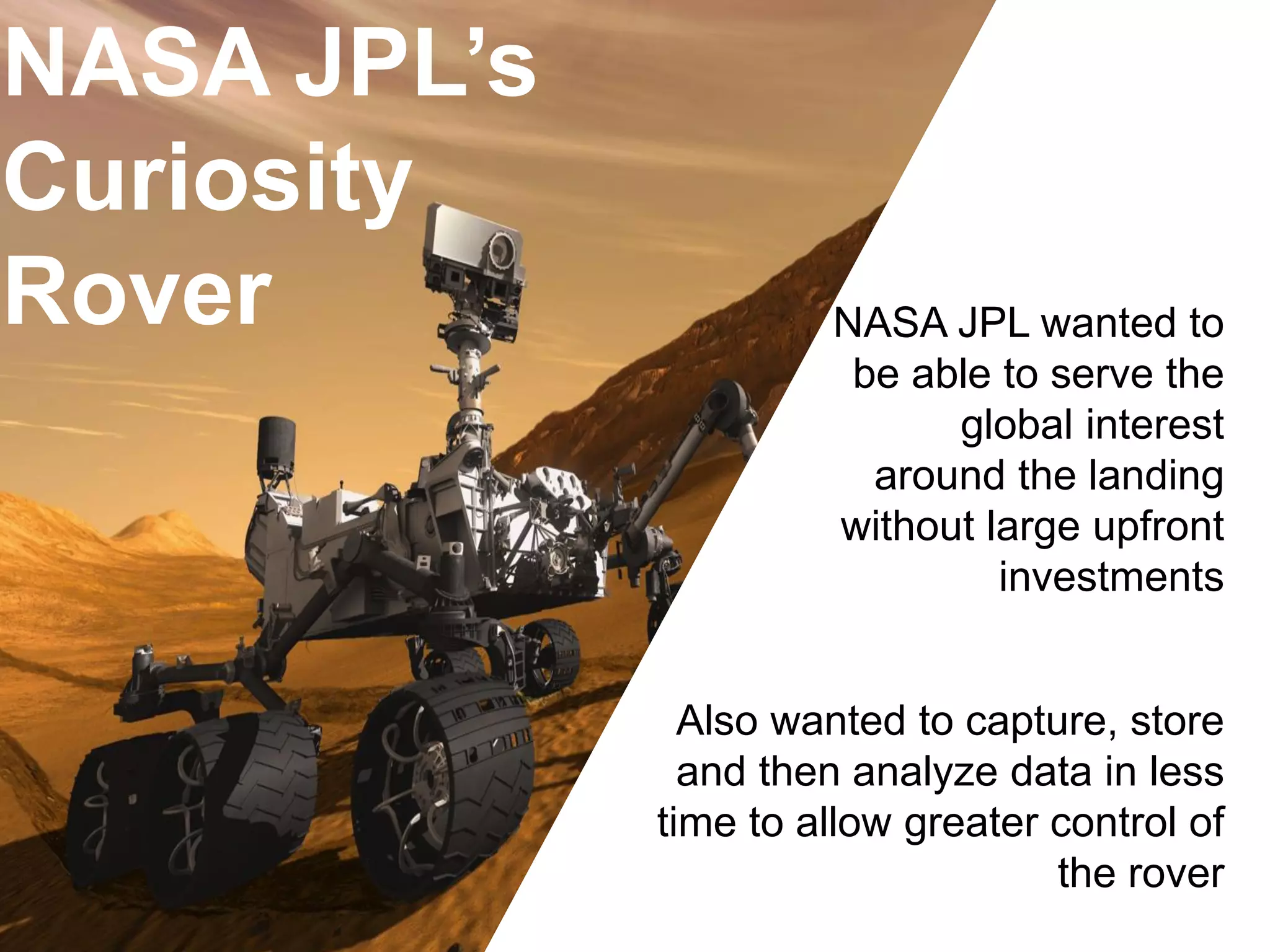 NASA JPL’s
Curiosity
Rover NASA JPL wanted to
be able to serve the
global interest
around the landing
without large upfront
investments
Also wanted to capture, store
and then analyze data in less
time to allow greater control of
the rover
 