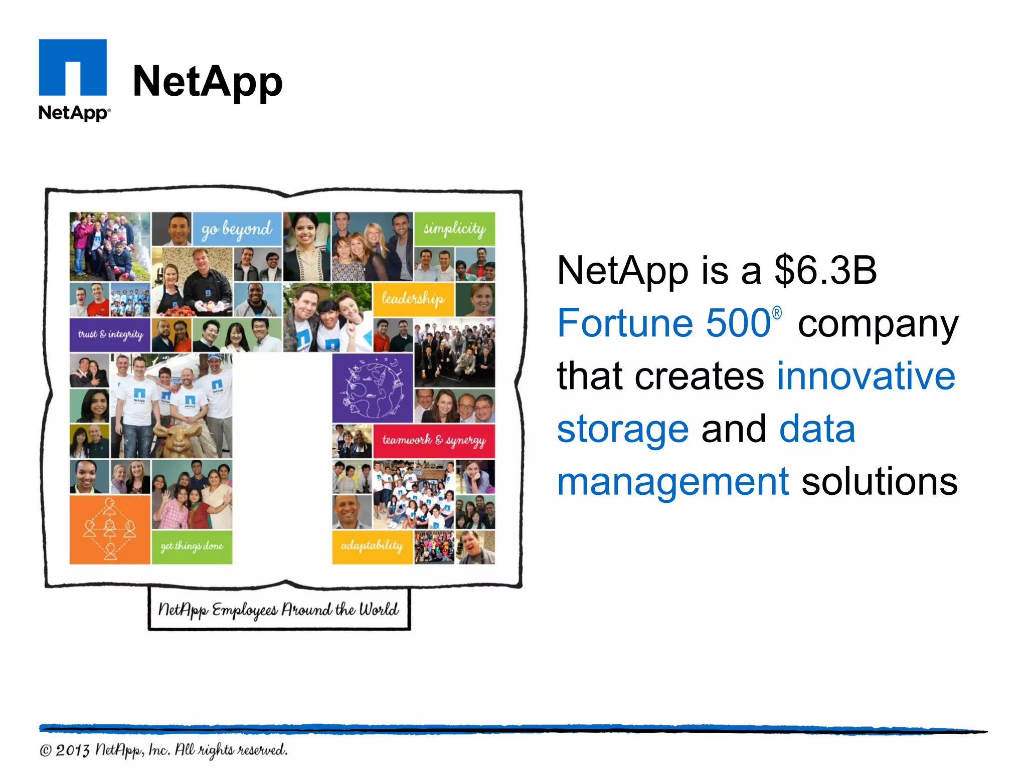 NetApp
NetApp is a $6.3B
Fortune 500®
company
that creates innovative
storage and data
management solutions
 