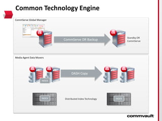 CommServe Global Manager
Media Agent Data Movers
Common Technology Engine
DASH Copy
CommServe DR Backup
INDEXINDEX
INDEX INDEXDistributed Index Technology
Standby DR
CommServe
 
