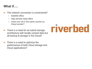 What if….
The network connection is constrained?
– Satellite office
– High density head office
– Users are not in the same country as
Cloud vendor?
There is a need for an hybrid storage
architecture with locally cached data but
all backup & storage in the Cloud?
There is a need to optimize the
performance of both Cloud storage and
Cloud applications?
 