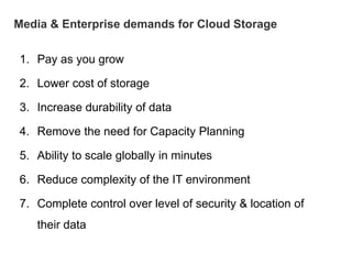 Media & Enterprise demands for Cloud Storage
1. Pay as you grow
2. Lower cost of storage
3. Increase durability of data
4. Remove the need for Capacity Planning
5. Ability to scale globally in minutes
6. Reduce complexity of the IT environment
7. Complete control over level of security & location of
their data
 