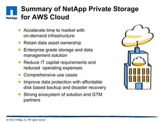Summary of NetApp Private Storage
for AWS Cloud
 Accelerate time to market with
on-demand infrastructure
 Retain data asset ownership
 Enterprise grade storage and data
management solution
 Reduce IT capital requirements and
reduced operating expenses
 Comprehensive use cases
 Improve data protection with affordable
disk based backup and disaster recovery
 Strong ecosystem of solution and GTM
partners
 
