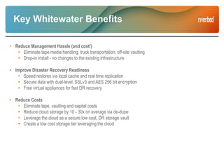 Key Whitewater Benefits
• Reduce Management Hassle (and cost!)
• Eliminate tape media handling, truck transportation, off-site vaulting
• Drop-in install - no changes to the existing infrastructure
• Improve Disaster Recovery Readiness
• Speed restores via local cache and real time replication
• Secure data with dual-level, SSLv3 and AES 256 bit encryption
• Free virtual appliances for fast DR recovery
• Reduce Costs
• Eliminate tape, vaulting and capital costs
• Reduce cloud storage by 10 - 30x on average via de-dupe
• Leverage the cloud as a secure low cost, DR storage vault
• Create a low cost storage tier leveraging the cloud
 