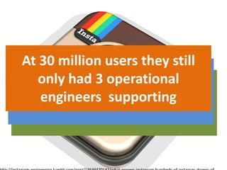 In just 1 year they amassed 14
million users
1 million new users in a 12 hour
period after Android launch
At 30 million users they still
only had 3 operational
engineers supporting
 