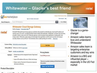 Whitewater – Glacier’s best friend
• Glacier is a game-
changer
• Amazon sales teams
love and understand
Whitewater
• Amazon sales team is
targeting enterprise
customers and key wins
• Amazon is a BIG and
influential player –
especially in the US Fed
market
 