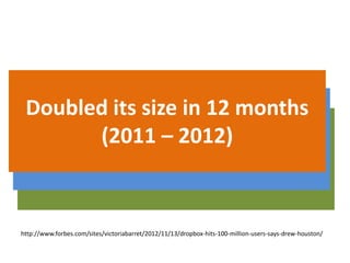 100+ million users
Over 1 billion files saved in
network every 24 hours
Doubled its size in 12 months
(2011 – 2012)
http://www.forbes.com/sites/victoriabarret/2012/11/13/dropbox-hits-100-million-users-says-drew-houston/
 