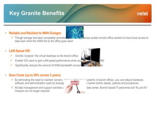 Key Granite Benefits
• Reliable and Resilient to WAN Outages
 Though storage has been completely centralized, Granite appliances enable remote office workers to have local access to
data even when the WAN link to the office goes down
• LAN-Speed VDI
 Granite ”projects” the virtual desktops to the branch office
 Enable VDI users to gain LAN-speed performance when accessed over the WAN
 Significantly reduces the amount of WAN bandwidth consumed and saves costs
• Save Costs (up to 50% across 3 years)
 By eliminating the need to maintain servers, storage and backup systems in branch offices, you can reduce hardware,
software and administration costs by leveraging standardized data center-centric assets, policies and procedures
 All data management and support activities can take place in the data center. Branch-based IT personnel and “fly and fix”
missions are no longer required
 