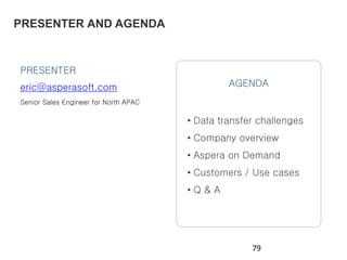 PRESENTER AND AGENDA
PRESENTER
eric@asperasoft.com
Senior Sales Engineer for North APAC
• Data transfer challenges
• Company overview
• Aspera on Demand
• Customers / Use cases
• Q & A
AGENDA
79
 