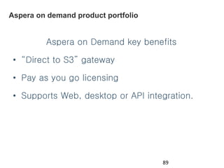 Aspera on demand product portfolio
89
Aspera on Demand key benefits
• “Direct to S3” gateway
• Pay as you go licensing
• Supports Web, desktop or API integration.
 