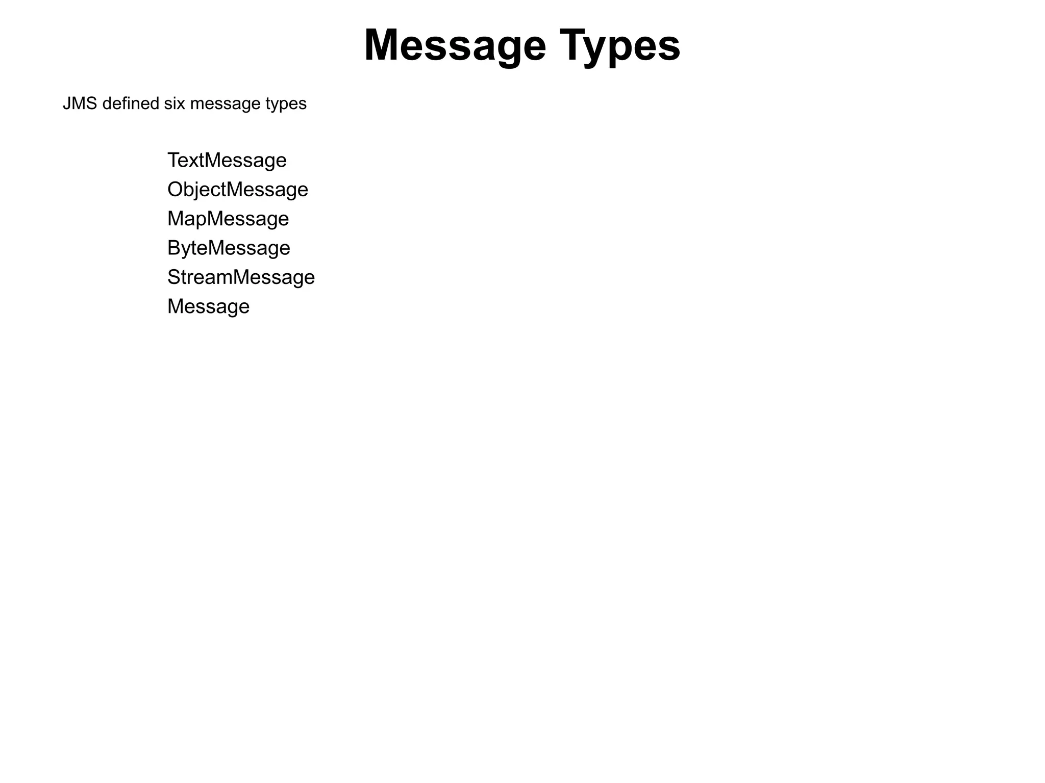 JMS defined six message types
TextMessage
ObjectMessage
MapMessage
ByteMessage
StreamMessage
Message
Message Types
 