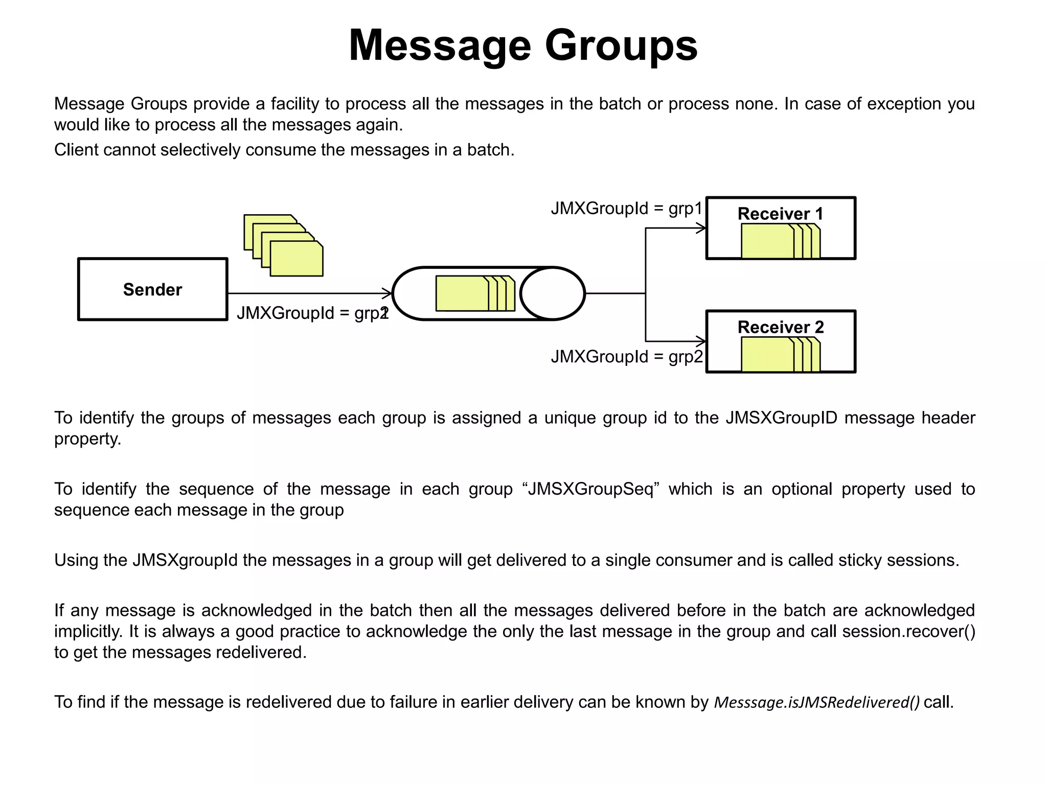 Message Groups provide a facility to process all the messages in the batch or process none. In case of exception you
would like to process all the messages again.
Client cannot selectively consume the messages in a batch.
Message Groups
Sender
Receiver 1
Receiver 2
JMXGroupId = grp1
JMXGroupId = grp1
JMXGroupId = grp2
JMXGroupId = grp2
To identify the groups of messages each group is assigned a unique group id to the JMSXGroupID message header
property.
To identify the sequence of the message in each group “JMSXGroupSeq” which is an optional property used to
sequence each message in the group
Using the JMSXgroupId the messages in a group will get delivered to a single consumer and is called sticky sessions.
If any message is acknowledged in the batch then all the messages delivered before in the batch are acknowledged
implicitly. It is always a good practice to acknowledge the only the last message in the group and call session.recover()
to get the messages redelivered.
To find if the message is redelivered due to failure in earlier delivery can be known by Messsage.isJMSRedelivered() call.
 