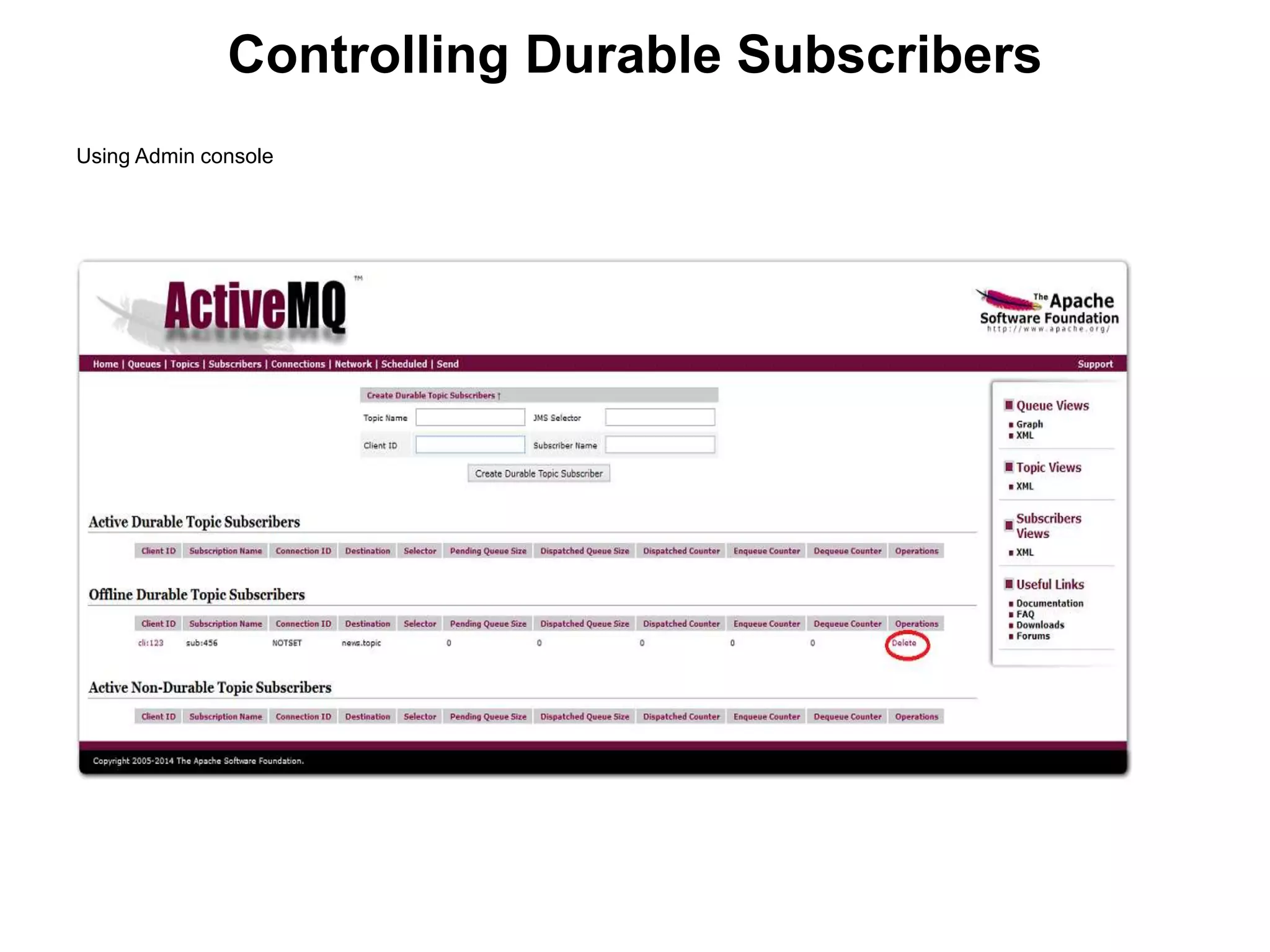 Using Admin console
Controlling Durable Subscribers
 