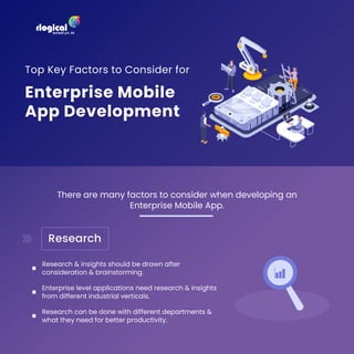 There are many factors to consider when developing an
Enterprise Mobile App.
Top Key Factors to Consider for
Research
Research & insights should be drawn after
consideration & brainstorming.
Enterprise level applications need research & insights
from different industrial verticals.
Research can be done with different departments &
what they need for better productivity.
 