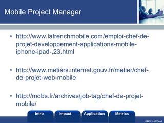 ©2013 LHST sarl
Mobile Project Manager
• http://www.lafrenchmobile.com/emploi-chef-de-
projet-developpement-applications-mobile-
iphone-ipad-,23.html
• http://www.metiers.internet.gouv.fr/metier/chef-
de-projet-web-mobile
• http://mobs.fr/archives/job-tag/chef-de-projet-
mobile/
Intro Application MetricsImpact
 