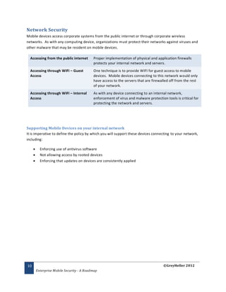 Network Security
Mobile devices access corporate systems from the public internet or through corporate wireless
networks. As with any computing device, organizations must protect their networks against viruses and
other malware that may be resident on mobile devices.

  Accessing from the public internet        Proper implementation of physical and application firewalls
                                            protects your internal network and servers.
  Accessing through WIFI – Guest            One technique is to provide WIFI for guest access to mobile
  Access                                    devices. Mobile devices connecting to this network would only
                                            have access to the servers that are firewalled off from the rest
                                            of your network.
  Accessing through WIFI – Internal         As with any device connecting to an internal network,
  Access                                    enforcement of virus and malware protection tools is critical for
                                            protecting the network and servers.




Supporting Mobile Devices on your internal network
It is imperative to define the policy by which you will support these devices connecting to your network,
including:

          Enforcing use of antivirus software
          Not allowing access by rooted devices
          Enforcing that updates on devices are consistently applied




10                                                                                     ©GreyHeller 2012
         Enterprise Mobile Security - A Roadmap
 