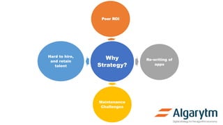 Why
Strategy?
Poor ROI
Re-writing of
apps
Maintenance
Challenges
Hard to hire,
and retain
talent
 