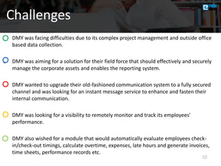 10
Challenges
o DMY was facing difficulties due to its complex project management and outside office
based data collection.
o DMY was aiming for a solution for their field force that should effectively and securely
manage the corporate assets and enables the reporting system.
o DMY wanted to upgrade their old-fashioned communication system to a fully secured
channel and was looking for an instant message service to enhance and fasten their
internal communication.
o DMY was looking for a visibility to remotely monitor and track its employees'
performance.
o DMY also wished for a module that would automatically evaluate employees check-
in/check-out timings, calculate overtime, expenses, late hours and generate invoices,
time sheets, performance records etc.
 