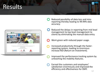 12
Results
o Reduced possibility of data loss and miss
reporting thereby leading to 99.99% data
accuracy.
o Reduced the delays in reporting from mid level
management to top level management to
clients by eliminating the manual data entry.
o Went green with reduced paper usage.
o Increased productivity through the faster-
reporting system, leading to enormous
increase ROI (Return on Investment).
o Improved the performance tracking system by
unleashing the mobility features.
o Earned the customers and employees’
satisfaction enormously and improved the
efficiency and effectiveness for DMY.
 
