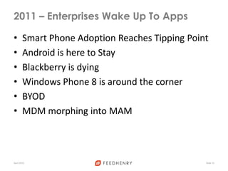 2011 – Enterprises Wake Up To Apps
• Smart Phone Adoption Reaches Tipping Point
• Android is here to Stay
• Blackberry is dying
• Windows Phone 8 is around the corner
• BYOD
• MDM morphing into MAM
April 2012 Slide 15
 