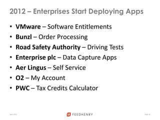 2012 – Enterprises Start Deploying Apps
• VMware – Software Entitlements
• Bunzl – Order Processing
• Road Safety Authority – Driving Tests
• Enterprise plc – Data Capture Apps
• Aer Lingus – Self Service
• O2 – My Account
• PWC – Tax Credits Calculator
April 2012 Slide 16
 