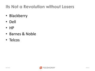 Its Not a Revolution without Losers
• Blackberry
• Dell
• HP
• Barnes & Noble
• Telcos
April 2012 Slide 20
 