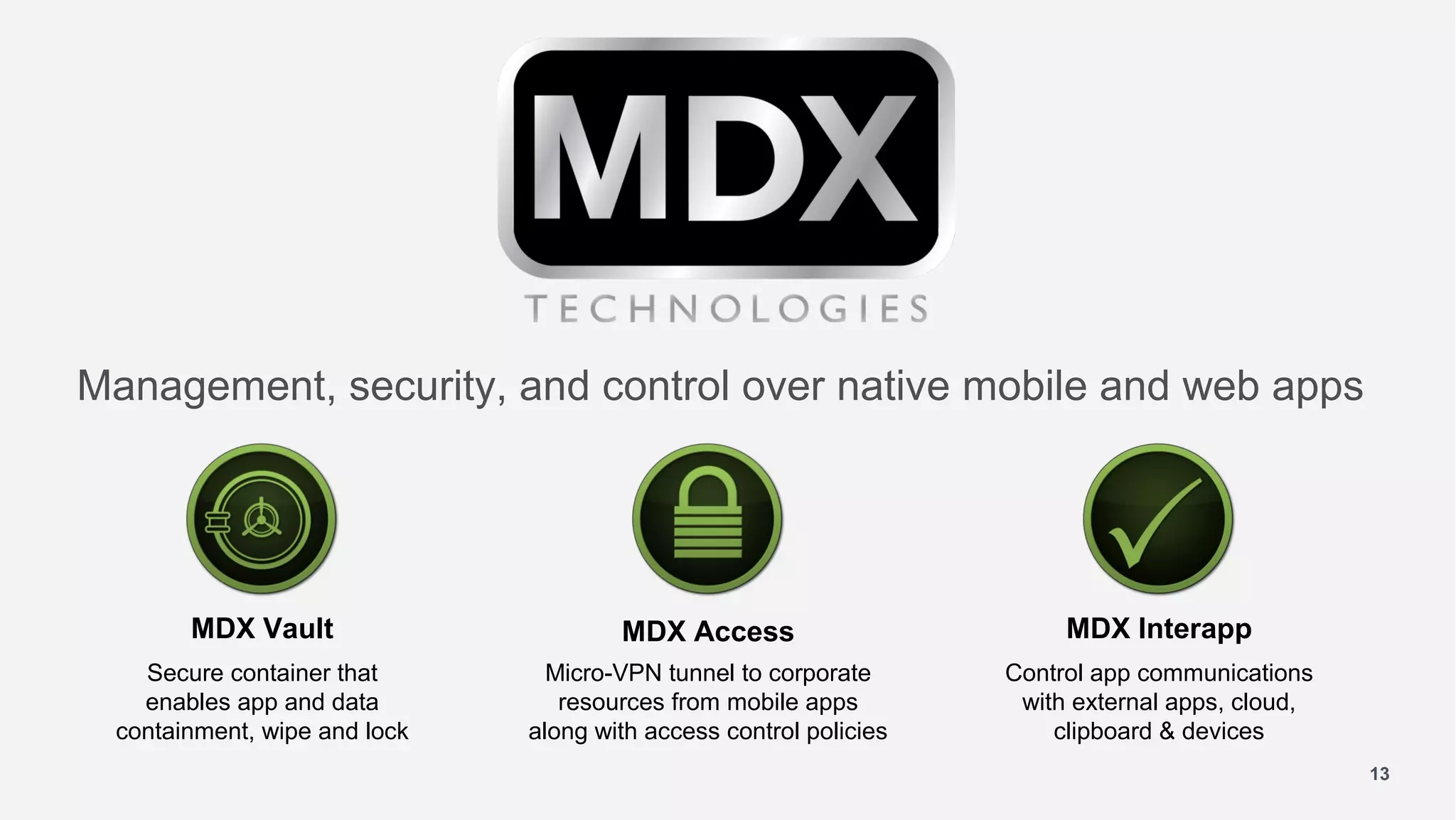 Management, security, and control over native mobile and web apps




       MDX Vault                      MDX Access                        MDX Interapp
   Secure container that        Micro-VPN tunnel to corporate      Control app communications
   enables app and data          resources from mobile apps         with external apps, cloud,
 containment, wipe and lock   along with access control policies       clipboard & devices
                                                                                                 13
 
