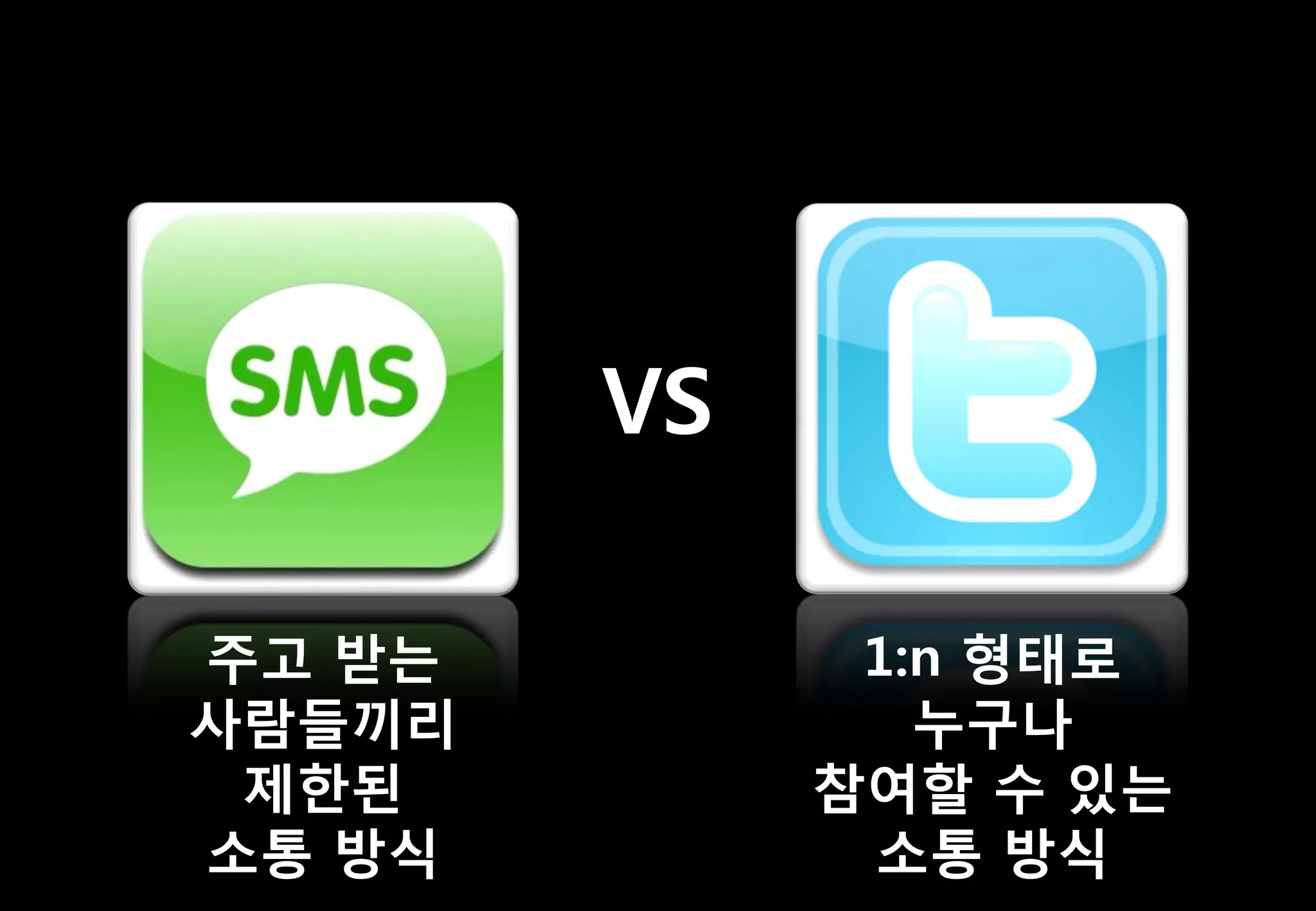 VS

주고 받는         1:n 형태로
사람들끼리           누구나
 제한된         참여할 수 있는
소통 방식         소통 방식
 