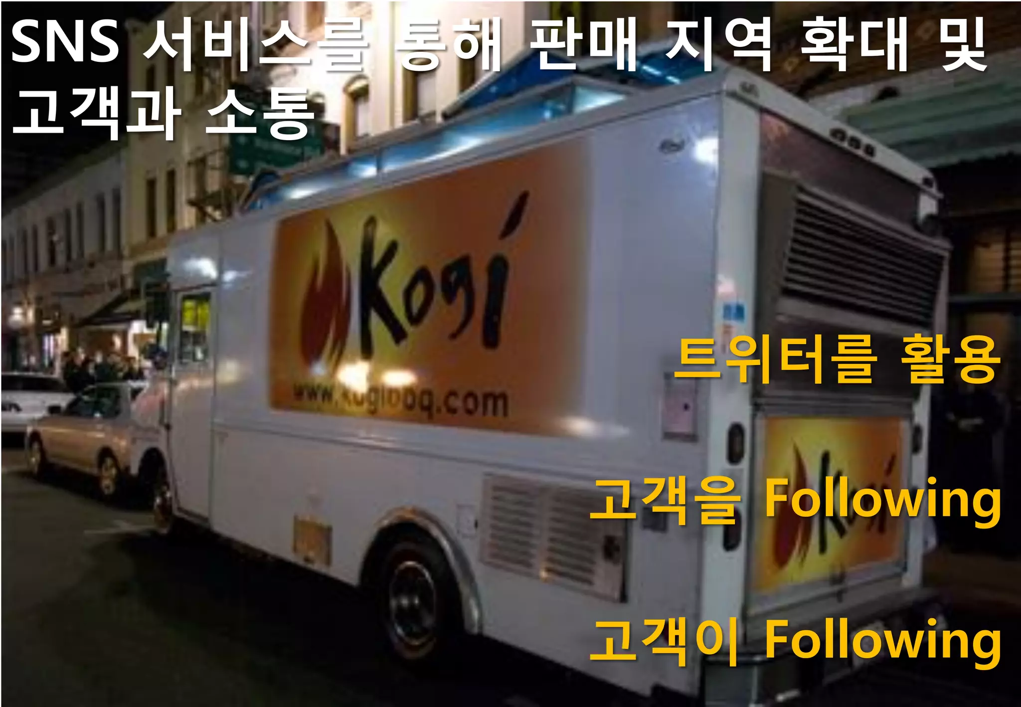 SNS 서비스를 통해 판매 지역 확대 및
고객과 소통



              트위터를 홗용

            고객을 Following

            고객이 Following
 