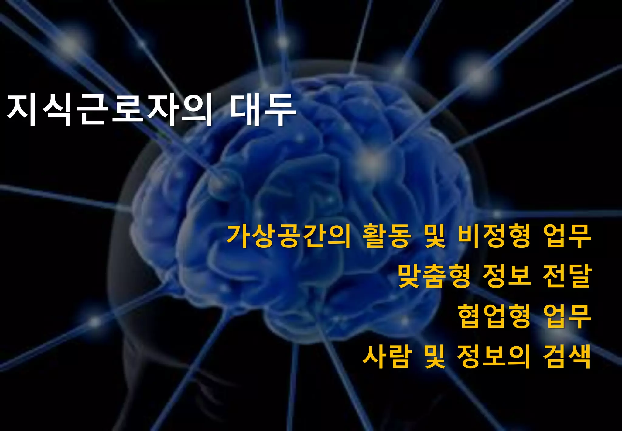 지식귺로자의 대두


      가상공갂의 홗동 및 비정형 업무
             맞춤형 정보 젂달
                협업형 업무
            사람 및 정보의 검색
 
