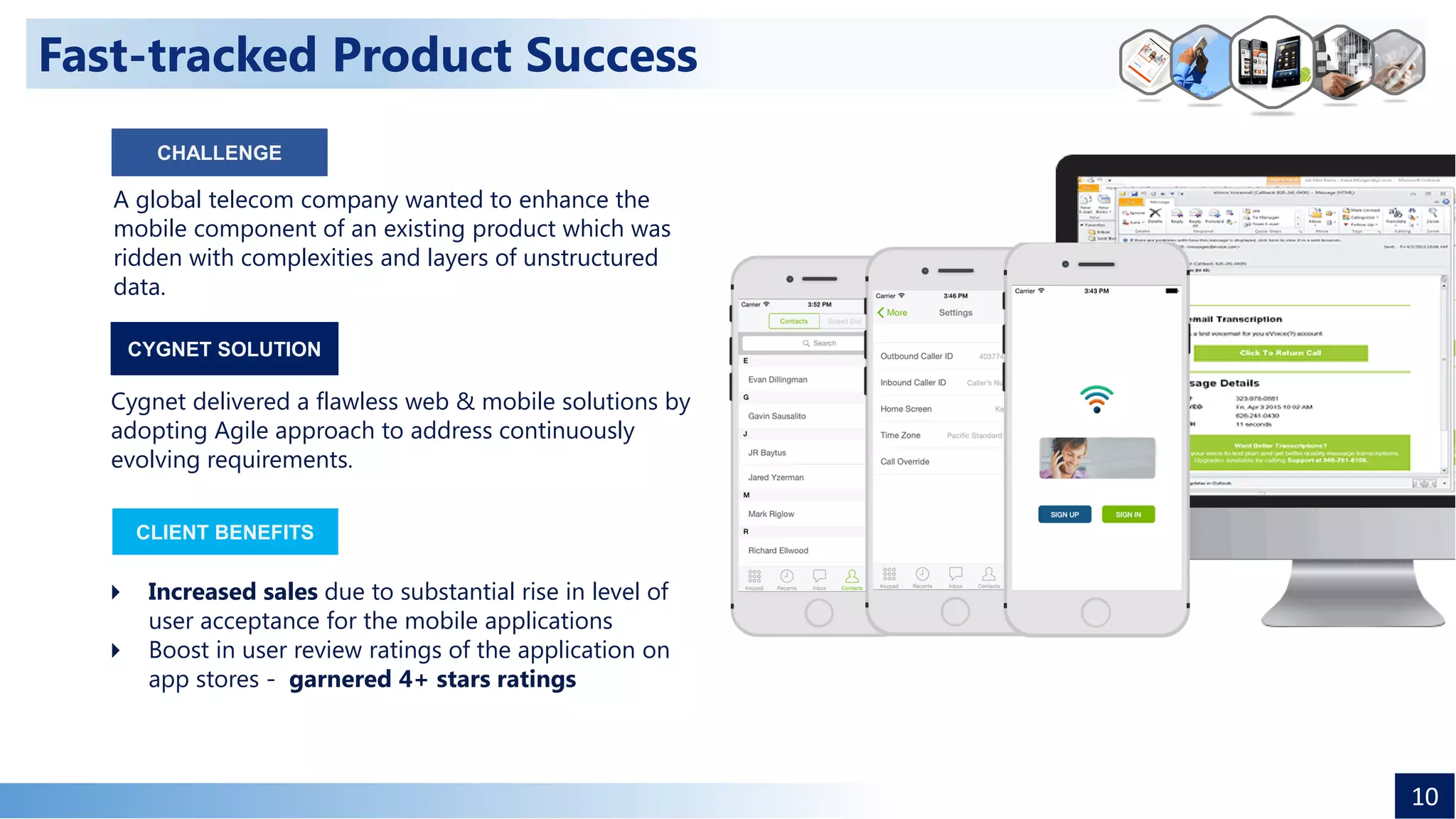 A global telecom company wanted to enhance the
mobile component of an existing product which was
ridden with complexities and layers of unstructured
data.
Cygnet delivered a flawless web & mobile solutions by
adopting Agile approach to address continuously
evolving requirements.
 Increased sales due to substantial rise in level of
user acceptance for the mobile applications
 Boost in user review ratings of the application on
app stores - garnered 4+ stars ratings
CLIENT BENEFITS
CYGNET SOLUTION
Fast-tracked Product Success
10
CHALLENGE
 
