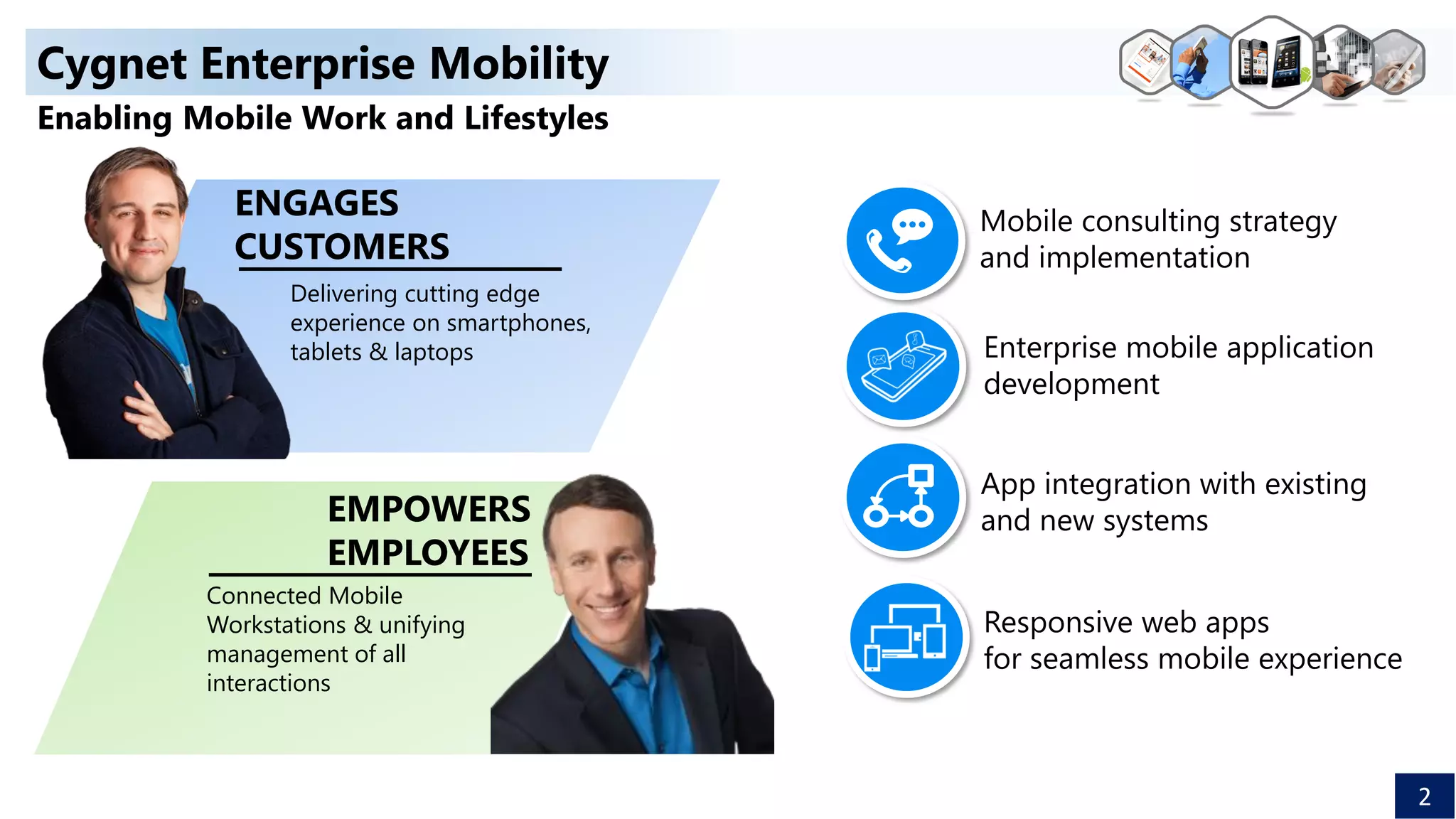 Enterprise mobile application
development
Responsive web apps
for seamless mobile experience
App integration with existing
and new systems
Mobile consulting strategy
and implementation
EMPOWERS
EMPLOYEES
Connected Mobile
Workstations & unifying
management of all
interactions
ENGAGES
CUSTOMERS
Delivering cutting edge
experience on smartphones,
tablets & laptops
Cygnet Enterprise Mobility
Enabling Mobile Work and Lifestyles
2
 