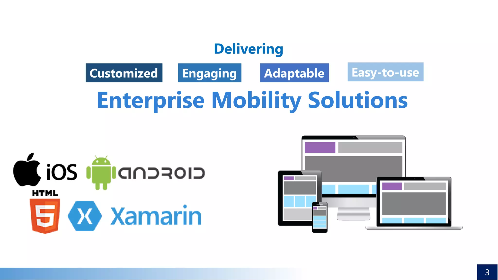 3
Delivering
Customized AdaptableEngaging Easy-to-use
Enterprise Mobility Solutions
 