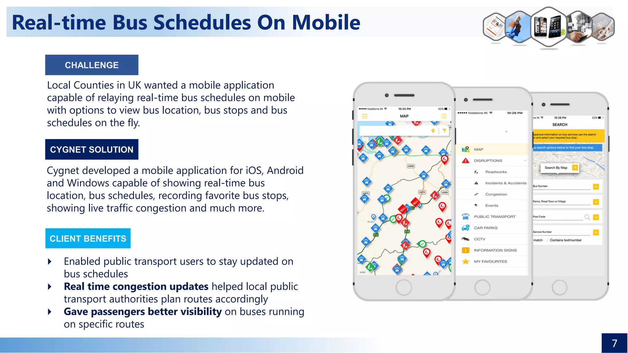 Real-time Bus Schedules On Mobile
Local Counties in UK wanted a mobile application
capable of relaying real-time bus schedules on mobile
with options to view bus location, bus stops and bus
schedules on the fly.
Cygnet developed a mobile application for iOS, Android
and Windows capable of showing real-time bus
location, bus schedules, recording favorite bus stops,
showing live traffic congestion and much more.
 Enabled public transport users to stay updated on
bus schedules
 Real time congestion updates helped local public
transport authorities plan routes accordingly
 Gave passengers better visibility on buses running
on specific routes
CLIENT BENEFITS
CYGNET SOLUTION
7
CHALLENGE
 