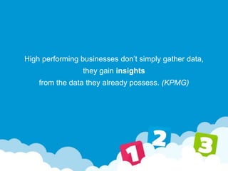 High performing businesses don’t simply gather data,
they gain insights
from the data they already possess. (KPMG)
 
